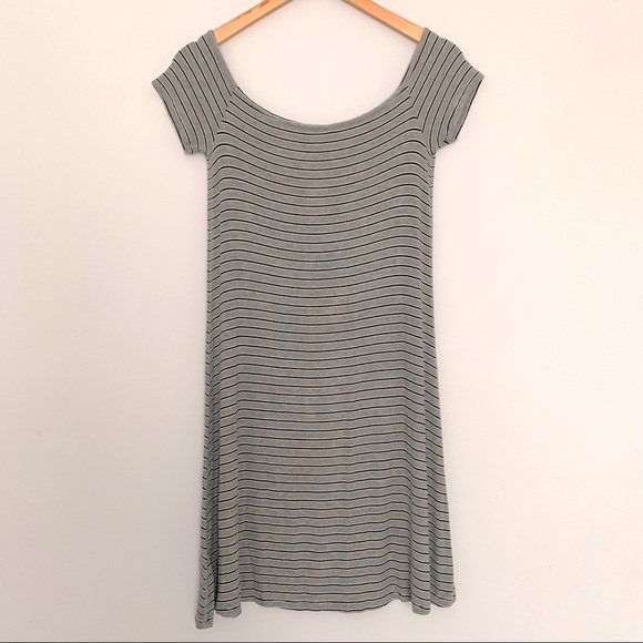 90s Summer Sporty Casual Y2K Stretch Stripe Cap Sleeves Skater Dress in Grey (M) - Picture 5 of 5
